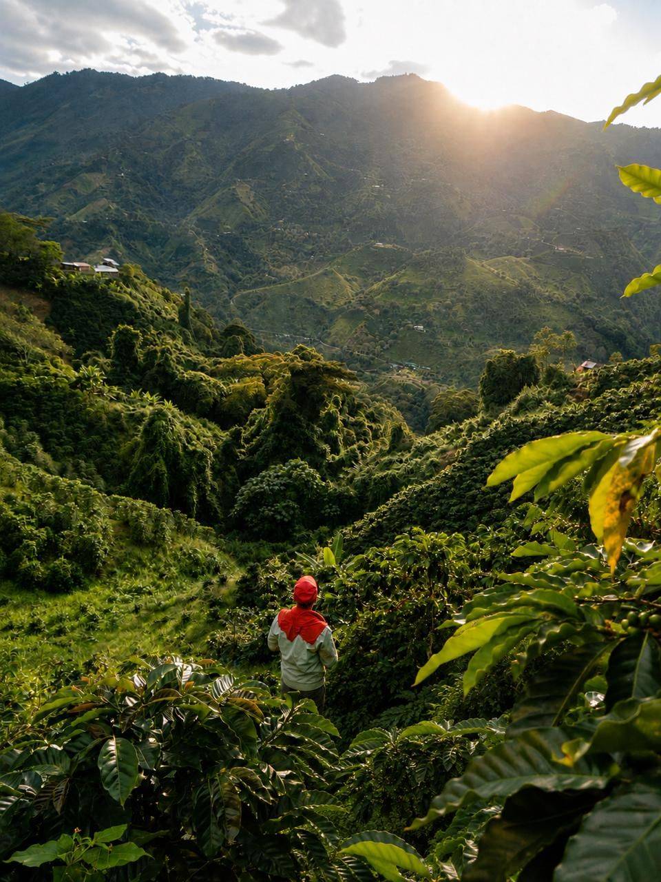 Coffee landscape at Finca El Brasil / VALSA Coffee in Colombia, with a person standing among coffee plants and green mountains at sunset.